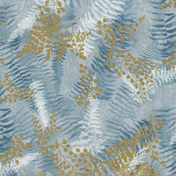 Chickadee Cheer By Hoffman Fabric HV7175 D007G Dusty Blue and Gold Metallic